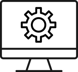 Item on pc monitor. Outline sign suitable for web sites, apps, stores etc. Editable stroke. Vector monochrome line icon of gear or cogwheel on computer monitor