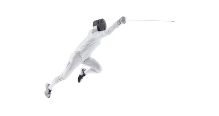 Dynamic portrait of young man, fencer in in fencing costume with sword in hand training isolated on white studio background. Sport, energy, skills - obrazy, fototapety, plakaty