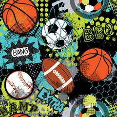 Seamless sport pattern with balls. Repeated backdrop for fashion clothes, t shirt, child, paper. Creative grunge design isolated on white