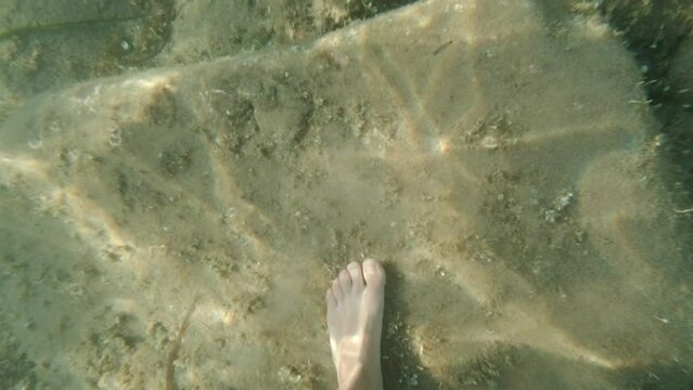 Male Feet Walking Rocky Mediterranean Sea Coast Underwater