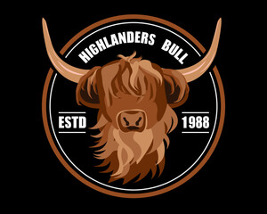 Emblem of  black and white and brown Highland cattle, cow. Cute head of Scottish cattle isolated on black background. Written Highlanders Bull. Design element for logo, poster, card, banner, emblem, t - obrazy, fototapety, plakaty