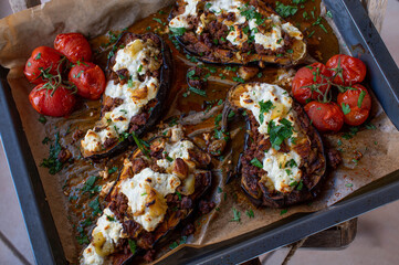 Stuffed aubergines with ground beef and feta cheese