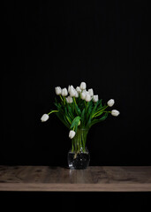 bouquet of snowdrops in a vase. copy space. a bouquet of white tender tulips stands in a vase on a white background.