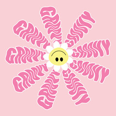 Hand written Vector lettering illustration. 70s retro style. Groovy-words in the form of flower petals. Print for graphic tee, poster, sticker, banner, t shirt, icon, label, flyer, badge, advertising.