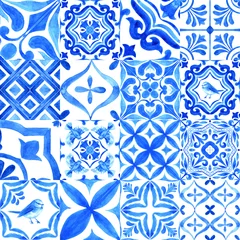 Foto auf Acrylglas Sammlung portugiesischer Azulejo-Fliesen. Blaues und weißes wunderschönes nahtloses Muster. © liliia_sinhina