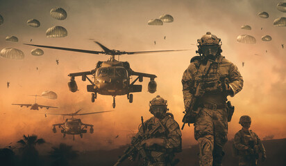 Military and helicopter troops on the way to the battlefield in sunset.	
