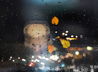 Rain in  city , Rainy drops and yellow leaves on window ,  view on  modern  buildings  architecture design blurred evening light  in city street  cold season  blurred light reflection on wet template 
