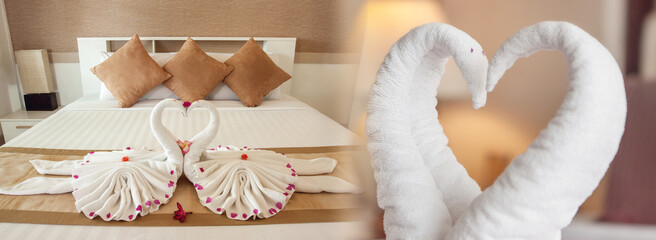 Towel swans shaped on the bed, Honeymoon bed