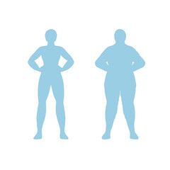 Body mass index vector illustration. Fat and thin woman silhouette. Obese woman and man silhouettes. Person with overweight. Female body with different weight.