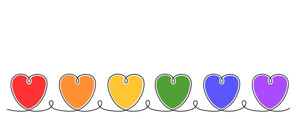 Continuous line drawing of hearts with LGBT colors. Love concept. Vector illustration