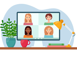 Online meeting via video conference. Women connecting together, learning or meeting online, remote working. Vector illustration