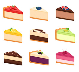 Set of pieces of cheesecakes. Slices of pies isolated on white background, vector illustration