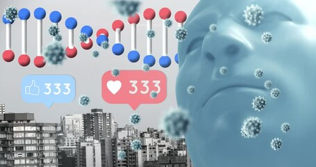 Animation of virus cells and dna over human face model, social media reactions and cityscape - Powered by Adobe
