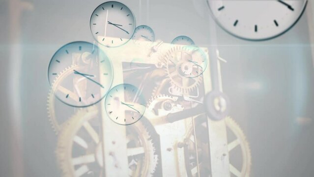 Animation of clocks floating over clock mechanism