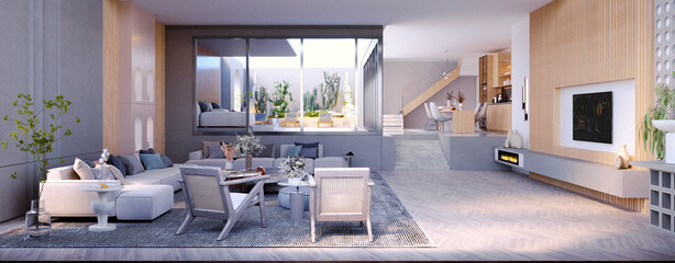 3d rendering,3d illustration, Interior Scene and  Mockup,living room interior duplex,high ceilings contemporary furnishings style.