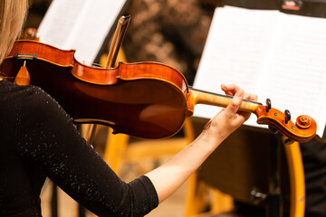 Hand on the strings of a violin