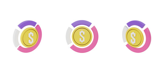 3d money management icon with three different views on white background. 3d rendering illustration