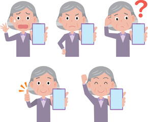 スマートフォンを持つ高齢女性のイラストセット