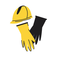 Protective elements in a builder's suit. A helmet and gloves ensure the safety of the installer. A set of yellow helmet and gloves. Illustration in cartoon style flat graphic.