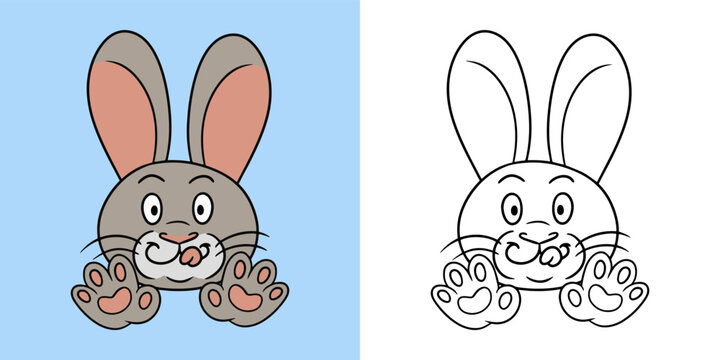 Horizontal picture Funny cute rabbit smiling and licking his lips, vector illustration in cartoon style