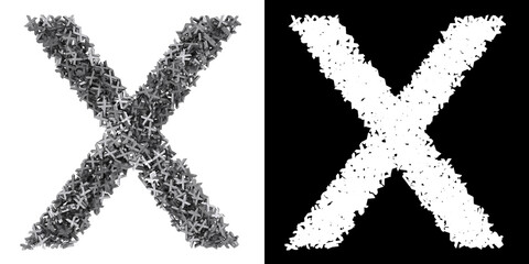 Letter X made of small metal letters x, isolated on white with clipping mask, 3d rendering
