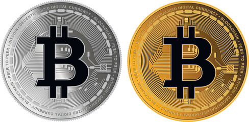 silver and gold coins with bitcoin symbol isolated on white background