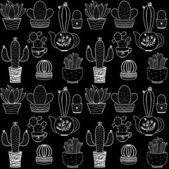 seamless background, illustrations with the image of a cactus. A set of hand-drawn cactus outlines. Elements of the nature of cactus plants