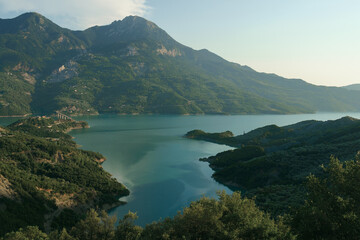 Picturesque landscape view of lake and mountains in Central Greece, Evrytania region. Lake Kremaston.