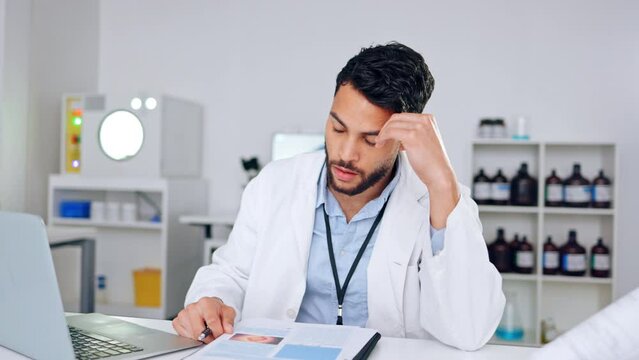Stressed, angry and frustrated scientist throwing paper, shaking head and struggling to find monkeypox, marburg virus or ebola cure. Healthcare biologist making mistake in laboratory medical research