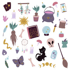 Vector illustration of witch inventory set.Doodle magic and witchcraft, witch esoteric alchemy elements in hand drawn style.Collection halloween elements..