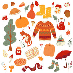 Vector illustration of a set of cute autumn elements: a sweater, pumpkins, rubber boots and so on and ets in the style of hand draw