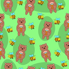 Obraz premium Vector seamless pattern: bears and honey. Kawaii bears, bees and flowers on white background. Pattern for children textile, wrap, wallpaper. Cute summer background. Vector, eps 10.