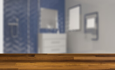 Scandinavian bathroom, classic  vintage interior design. 3D rend. Background with empty wooden table. Flooring.