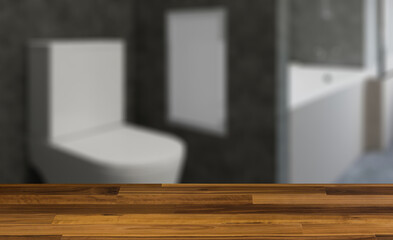 Clean and fresh bathroom with natural light. 3D rendering.. Blan. Background with empty wooden table. Flooring.