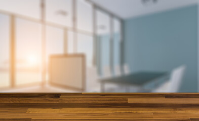 Furniture set with table, chairs and devices. 3D rendering.. Sun. Background with empty wooden table. Flooring.