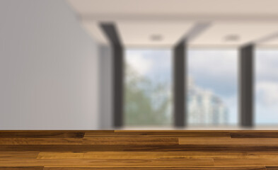 Elegant office interior. Mixed media. 3D rendering.. empty  room. Background with empty wooden table. Flooring.