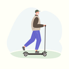 an elderly man rides a scooter