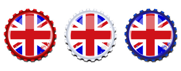  Union Jack bottle caps. Condensation drops on separate layer for easy editing. EPS10 vector format.