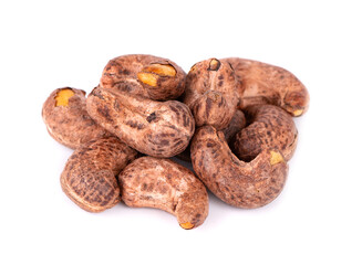 Cashew nuts in shell isolated on white background. Roasted and salted cashew nuts.