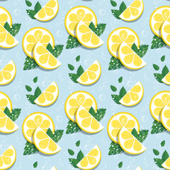 Slices of lemon, bubbles and mint leaves on blue background. Vector seamless pattern. Best for textile, wallpapers, home decoration, wrapping paper, package and web design.