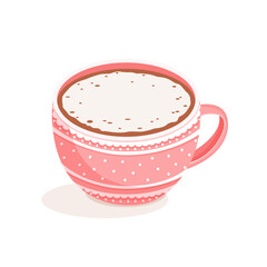 Pink cup of coffee with foam. Vector illustration of espresso, cappuccino, latte, raf with milk. - obrazy, fototapety, plakaty