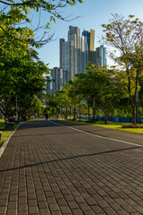 Morning beside Balboa avenue or Cinta Costera bayside road get full of joggers, cyclists and skaters, Panama, Central America