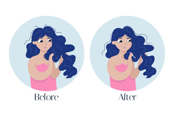 Vector illustration concept of hair treatment. Illustration before and after care for damaged hair.Haircare routine