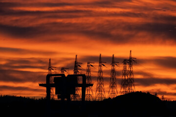 beautiful sunset in the mountains, extraordinary sky and power stations
