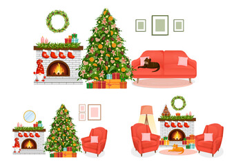 Set of Christmas interiors with Christmas tree, gifts, furniture, fireplace and cat. Cozy christmas night celebration vector illustration.