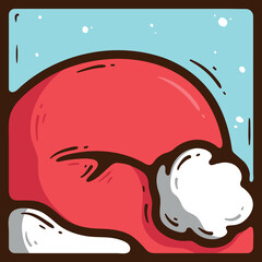 Fragment of advent calendar. Handdrawn doodle Christmas hat of Santa Claus. A red hat with a white pom-pom on a blue background with snow in a brown frame. New Year 2025