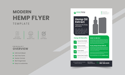 Hemp product flyer template | Hemp product brochure | Cannabis Flyer with green elements | Leaflet presentation, health poster, layout, magazine background in A4.