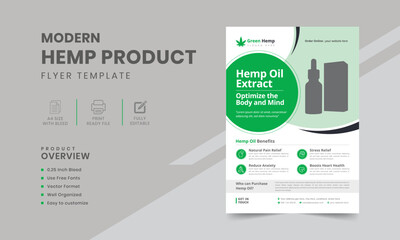 Hemp product flyer template | Hemp product brochure | Cannabis Flyer with green elements | Leaflet presentation, health poster, layout, magazine background in A4.