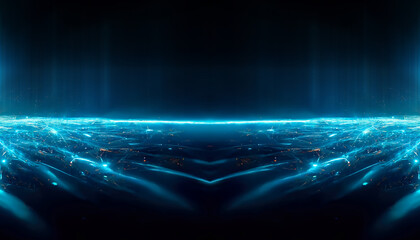 Abstract blue futuristic background, data center, data transfer, rays and lines, blue neon. Reflection of light in space. Dark futuristic empty scene. 3D illustration.