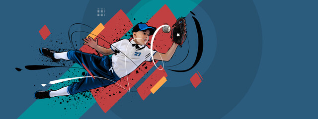 Contemporary art collage with little boy, junior baseball player in sports uniform over colored background with abstract elements. Retro colors